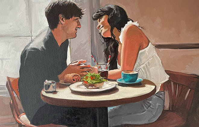 Painting of two people sitting in a coffee shop