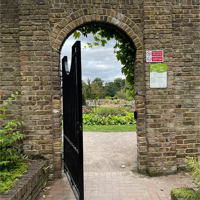 Closeup of a metal fence in a brick wall