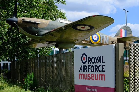 A model spitfire at the entrance of the RAF Museum