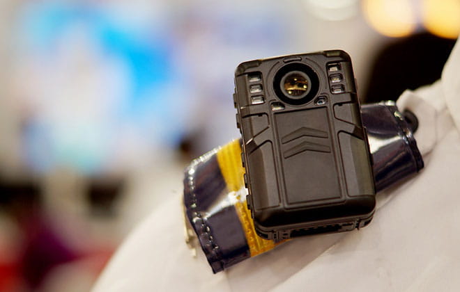 a body camera on a person's shoulder