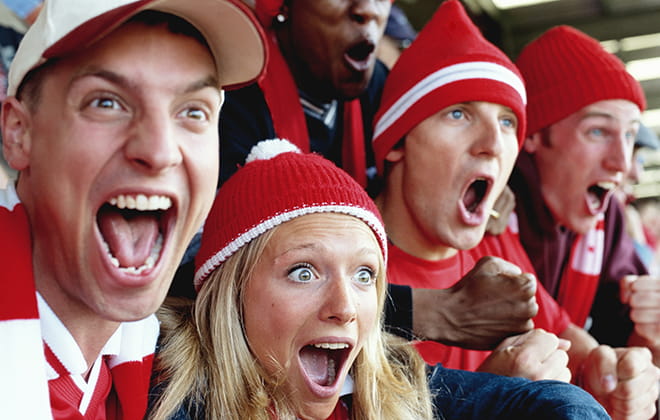 a group of people cheering for a sports team