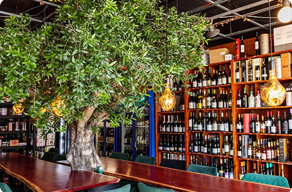 Wine bottles on shelves in a pub