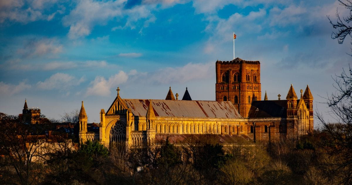 St Albans cathedral at dusk