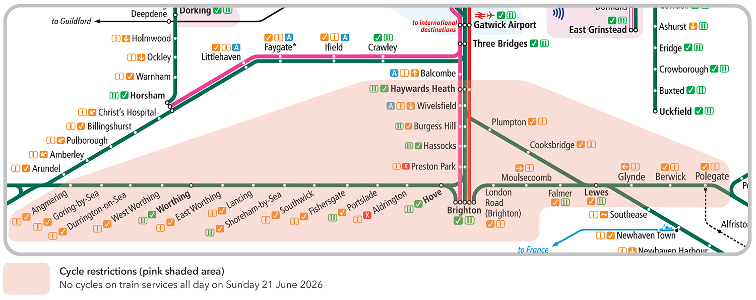 Map showing areas where bikes cannot be taken on trains on 21 June 2026